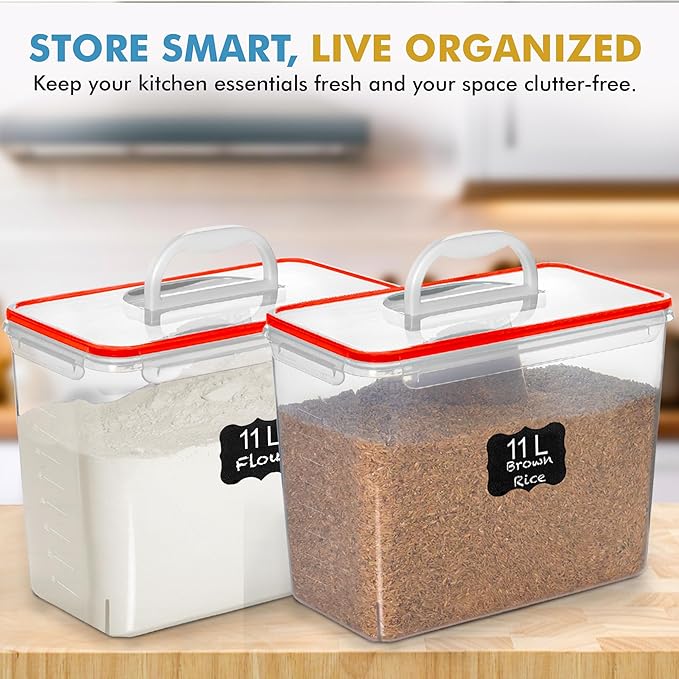 Shazo 2 PC (11L | 372 oz) Flour Sugar Storage Containers with Easy Carry Handle - Plastic Extra Large Food Storage Containers with Lids for Rice Cereal, BPA Free & Airtight Kitchen Pantry Organization