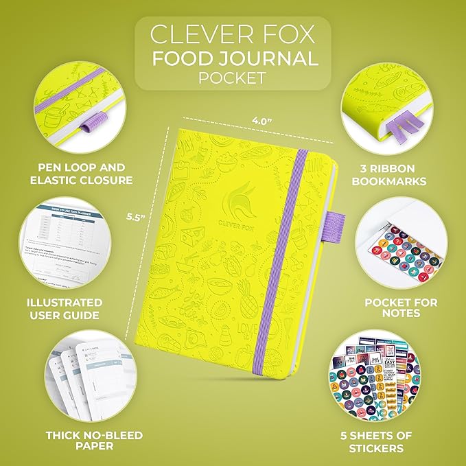 Clever Fox Food Journal Pocket - Daily Food Diary, Meal Planner to Track Calories & Nutrients, Weight Loss Tracker Notebook, 4x5.5” (Neon Yellow)