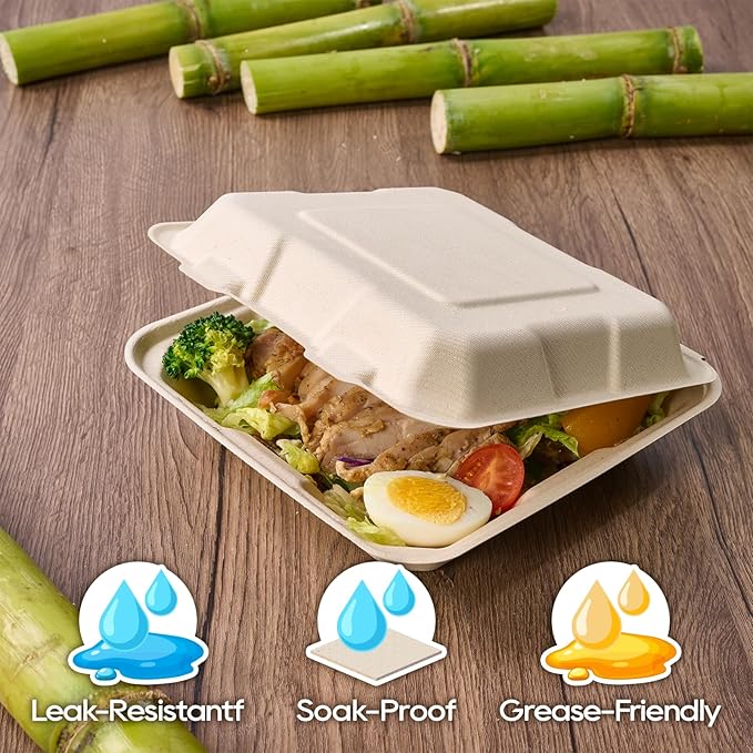 Turbo Bee 100 Pack 8x8inch Natural Take Out Containers with Lids, Large Disposable Clamshell Food Containers for Full Meals, Food Truck, BBQ, Catering & Meal Prep Natural