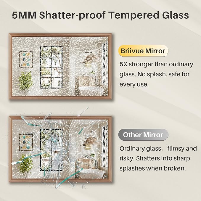 24x32 Inch Bathroom Mirror for Wall, Anti-Rust Walnut Wood Grain Metal Framed - Image 8