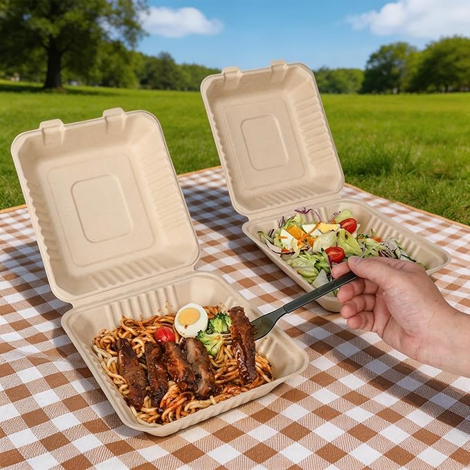 Aricsen Compostable 100 Pack 8×9 Inch Takeout Lunch Box Containers with Lid To Go Take Out Clamshell for Food, Disposable Eco-Friendly Biodegradable Bagasse, PFAS-Free, Brown