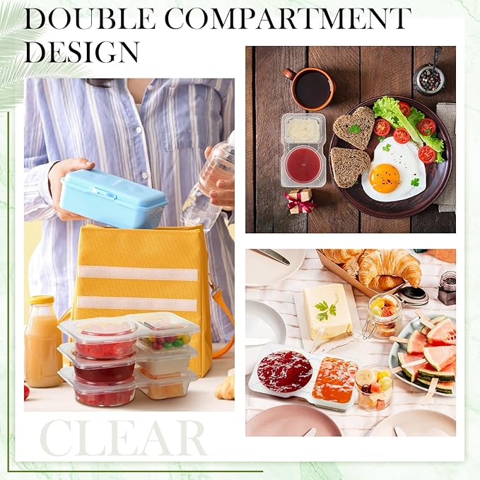 Blushtier 25 Pcs Pack Snack Containers with Lids, 5 oz Double Compartment Plastic Food Containers, Portable Divided Snack Cups for School, Office, Meal Prep, Sauces, Dips, On-the-go Camping (Clear)