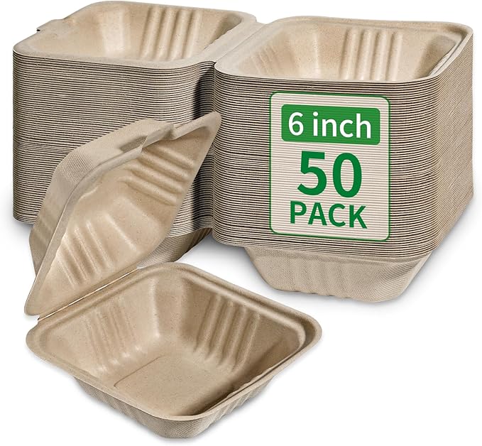 Aricsen Compostable 50 Pack 6x6 Inch Disposable Square Small Lunch Box Takeout Containers with Lid To Go Take Out Clamshell for Food, Eco-Friendly Biodegradable Bagasse, PFAS-Free, Unbleached Brown