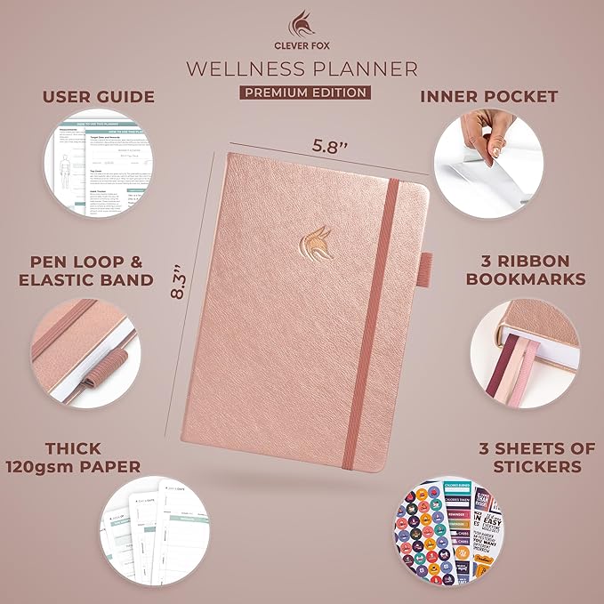 Clever Fox Wellness Planner - Weekly & Daily Health and Wellness Log, Food Journal & Meal Planner Diary for Calorie Counting, Notebook for Medical Condition Tracking, A5-Sized - Rose Gold