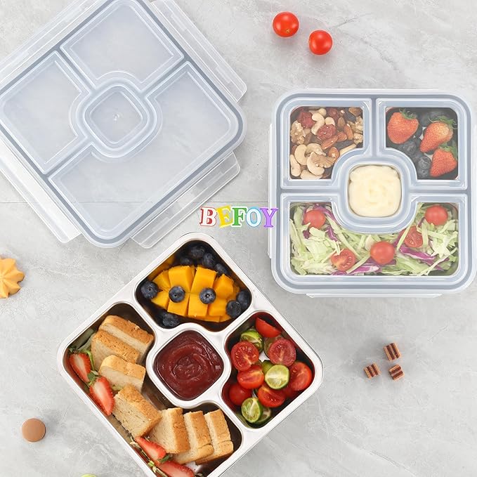 BEFOY Stainless Steel Snack Containers with Lids 4 Pack Lunchable Meal Prep Containers Reusable Meal Prep Lunch Containers for Adult Divided Stackable Bento Lunch Box for Home Travel (3, Gray, Large)