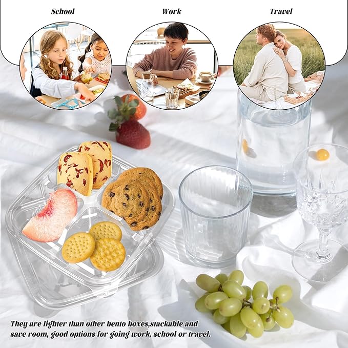 20 Pack Clear Bento Snack Food Containers, 4 Compartment Meal Prep Containers with Lids for School and Work
