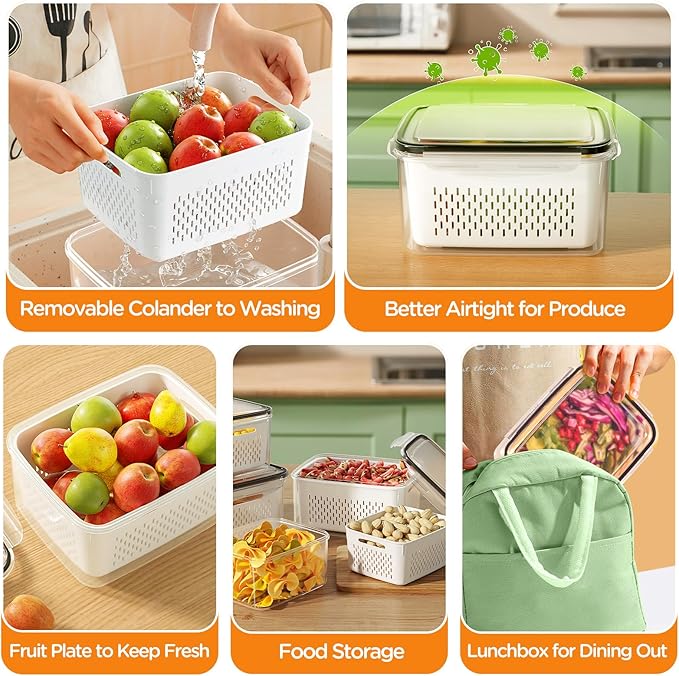 8-Pack Fruit Storage Containers for Fridge, Leakproof Fruit Containers for Fridge with Colanders, BPA-Free Produce Storage Containers with Lids Keep Fruits, Vegetables, Berry, Meat Fresh longer