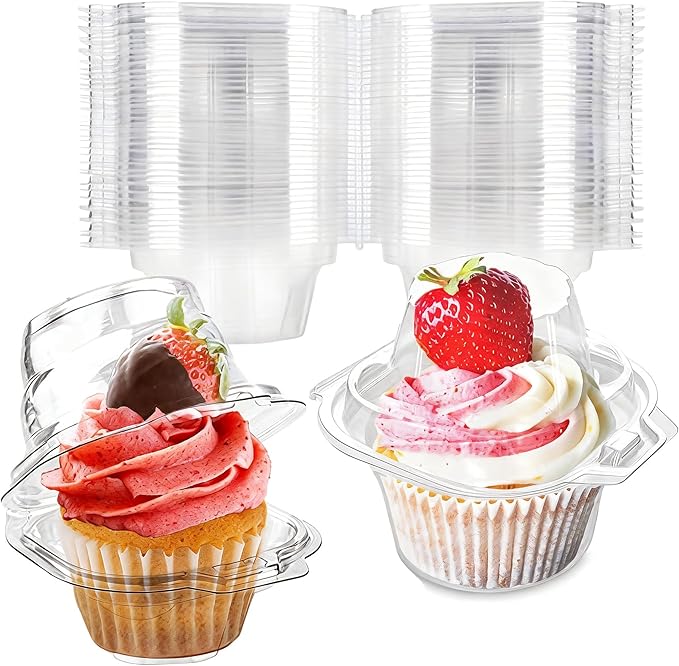 150 Pcs Cupcake Boxes Plastic Individual Cupcake Containers Single Cupcake Carrier with Connected Airtight Dome Lid for Party
