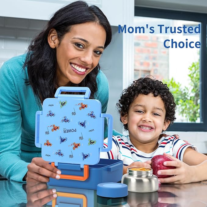 Bento Box for Kids with Thermos, [Large Capacity] Kids Lunch Box Containers with 4 Compartment for Ages 3+, Drop-Proof & Dishwasher Safe Food Container Blue