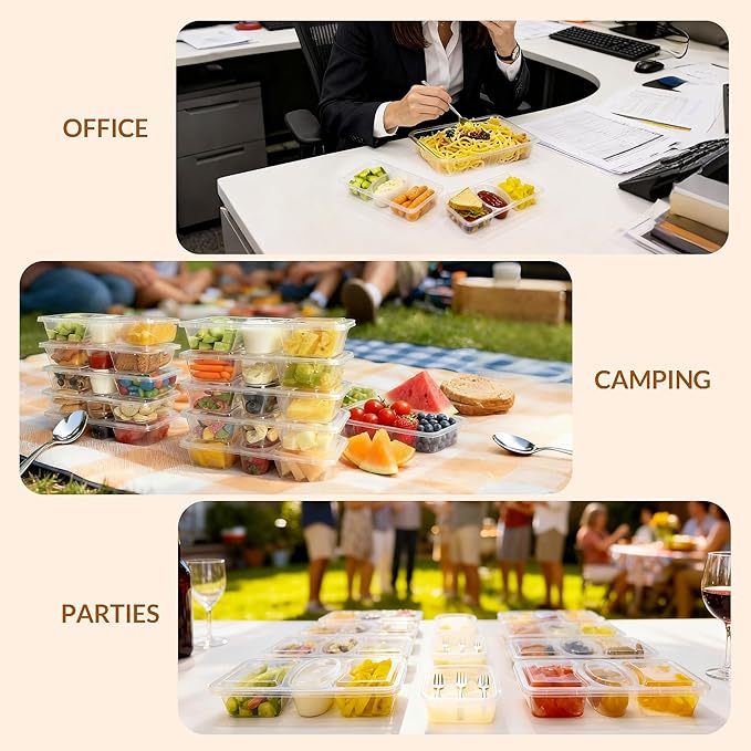 HI-REEKE 8 OZ New 3 Compartment Snack Containers, 20 Sets Bigger Reusable Clear Snack Packs Container with Lids