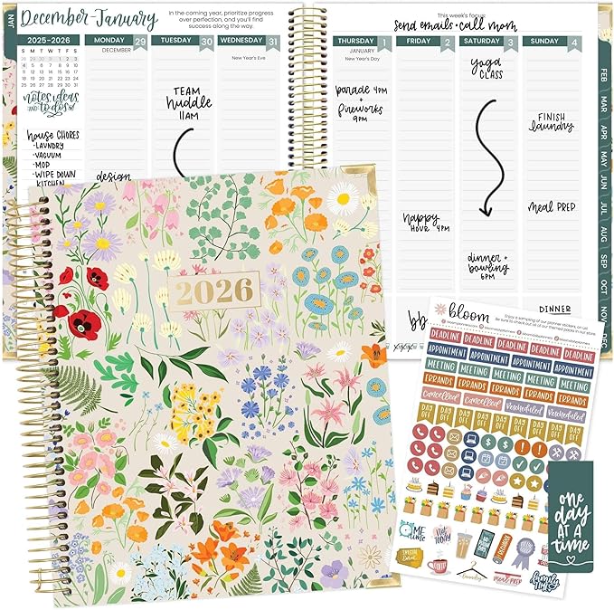 bloom daily planners 2026 Hardcover Calendar Year Goal & Vision Planner (January to December) - Monthly & Weekly Agenda Organizer - 7.5" x 9" - Garden Party, Beige