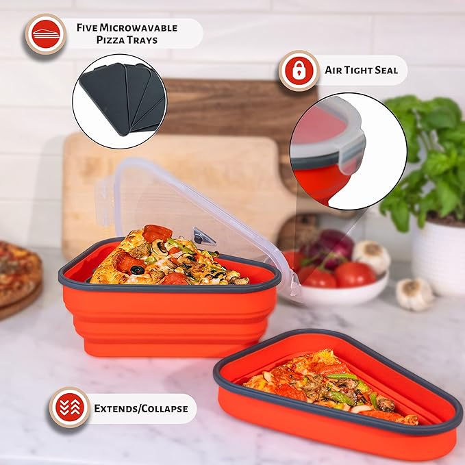 PIZZA PACK The Perfect Reusable Pizza Storage Container with 5 Microwavable Serving Trays - BPA-Free Adjustable Pizza Slice Container to Organize & Save Space, 3 Pack, Red, White, Blue