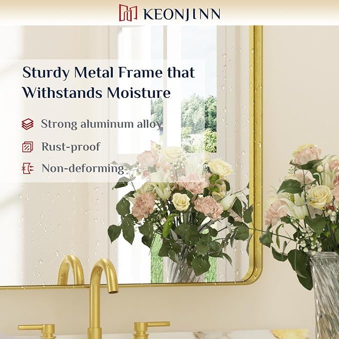 Keonjinn Gold Mirrors for Bathroom Sink, 30 x 36 Inch Rounded Rectangle Brushed - Image 9