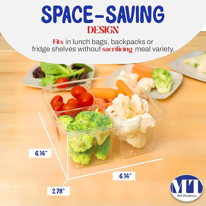 MT Products Clear 4 Compartment Meal Prep 6" x 6" - Disposable Divided Bento Box (Pack of 300) - Made in the USA