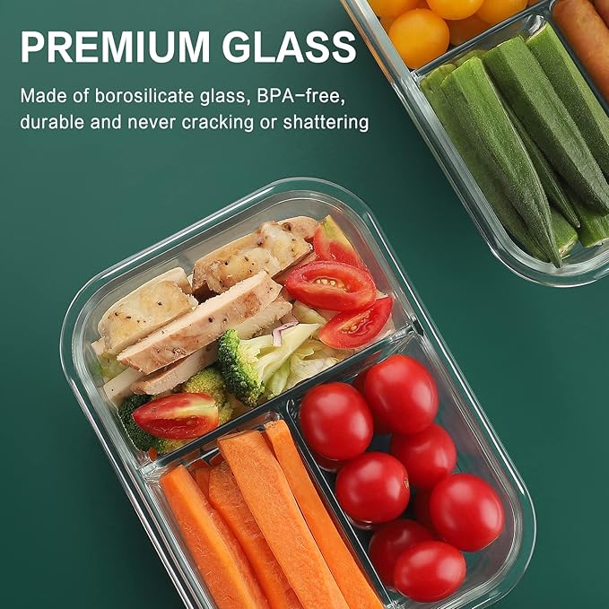 HOMBERKING 8 Pack Glass Meal Prep Containers 3 Compartment, 36oz Glass Food Storage Containers with Lids, Airtight Glass Lunch Bento Boxes, BPA-Free & Leak Proof (8 lids & 8 Containers) - Blue