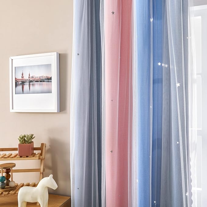 XiDi Curtains for Bedroom Decor, Rainbow PinkGreyBlue-52-90 - Image 3
