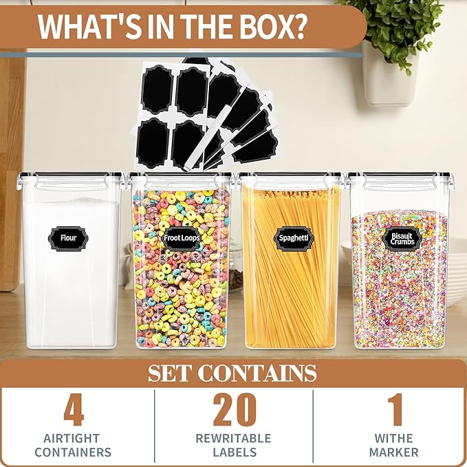 PRAKI Extra Large Tall Airtight Food Storage Containers 6.5L / 220oz, BPA Free, 4pcs Pantry Kitchen Organizers and Storage for Flour, Sugar, Plastic Flour Container with 20 Labels & Maker