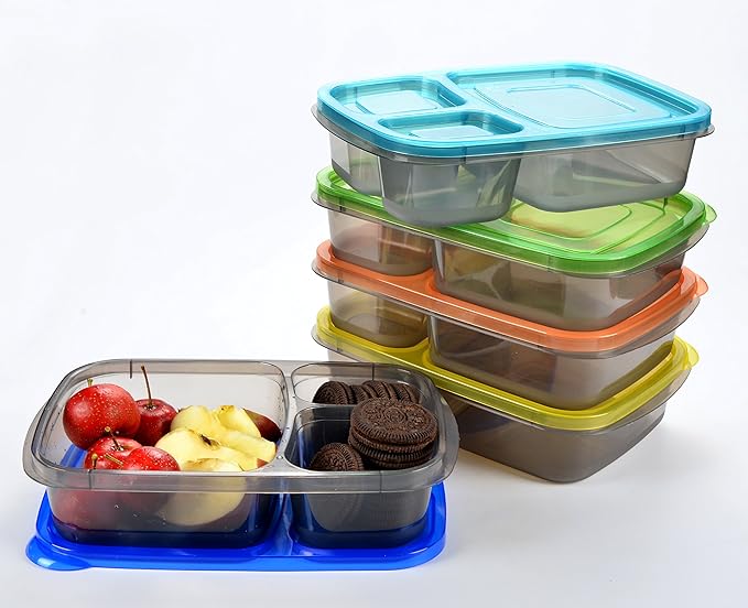 Youngever 7 Pack Bento Lunch Box, Meal Prep Containers, Reusable 3 Compartment Plastic Divided Food Storage Container Boxes