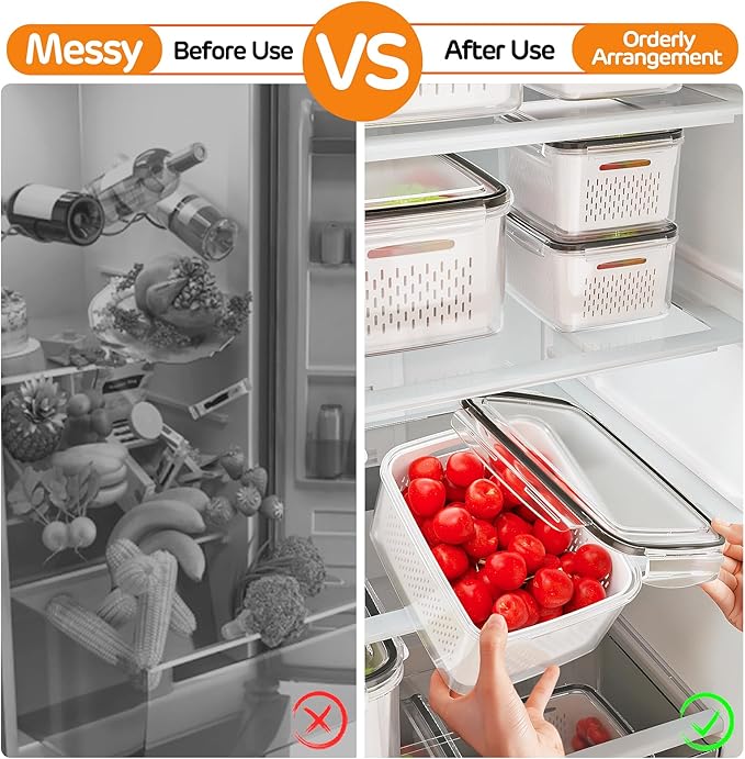 6 PCS Fruit Storage Containers for Fridge with Removable Colanders, 6 Plastic Food Storage Containers with 6 Lids, Leakproof Produce Containers Keep Fruits, Vegetables, Berry, Meat Fresh Longer