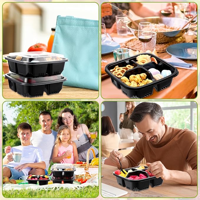 100 Pack 4-compartment Bento Snack Boxes with Lids Divided Lunch Containers for Travel School Camping Outdoor Home (Black)