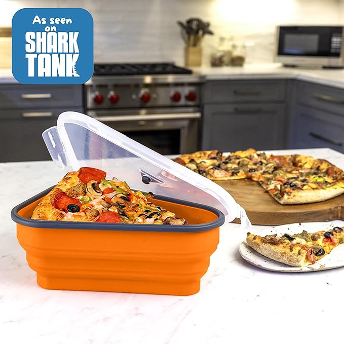 PIZZA PACK The Perfect Reusable Pizza Storage Container with 5 Microwavable Serving Trays - BPA-Free Adjustable Pizza Slice Container to Organize & Save Space, Orange 4 pk