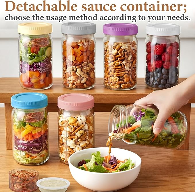 6 Pack 32oz Glass Salad Jars with 2 Dressing Cups & Leak Proof Lids - Meal Prep Containers for Lunch, Wet Dry Separation Container for Work Office Picnic, Overnight Oats(Pastel Color)