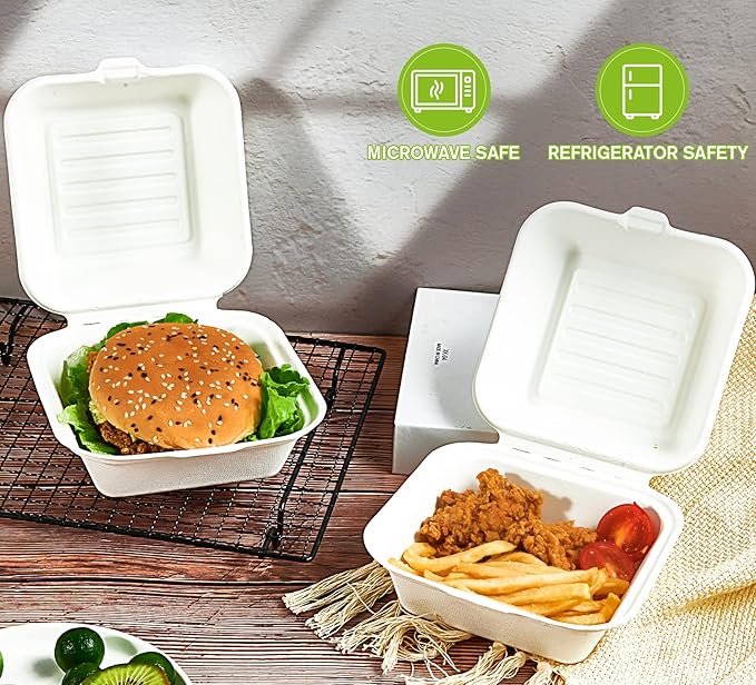 ECOLipak 200 Pack Clamshell Take Out Food Containers, 100% Compostable Disposable To Go Containers，6 * 6 inch To Go Boxes for Salad, Cake,Sandwiches