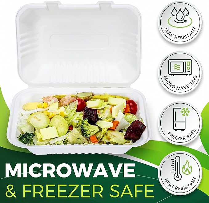 75 Pack 9”x6” Take Out Containers with Lids, EXTRA Sturdy To Go Food Containers, 100% Compostable Clamshell Take Out Containers, To Go Boxes for Food