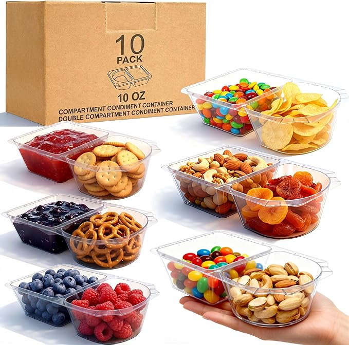 10 OZ Reusable Snack Containers with Lids & New Snack Pack Containers-Double Compartment Meal Prep Containers,Compartment Condiment Containers,Perfect for Bulk Meal Prep & On-the-Go (10 Sets)