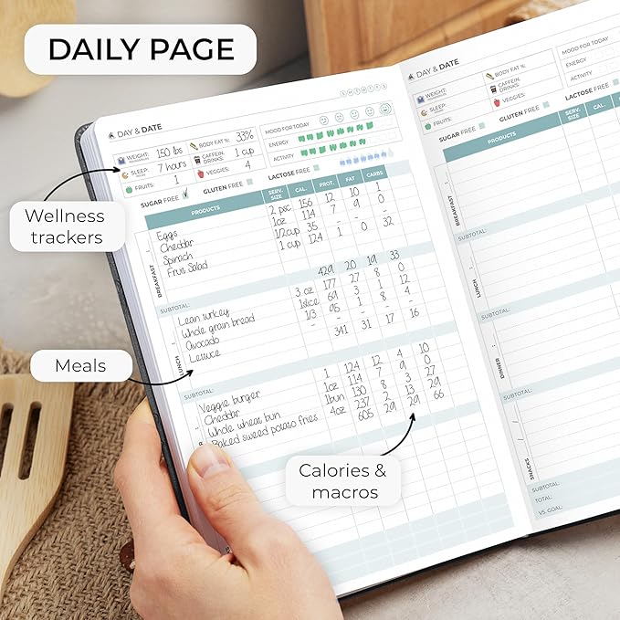 Clever Fox Food Journal - Daily Food Diary, Meal Planner to Track Calories & Nutrients, Weight Tracker Notebook, A5 (Silver Black)
