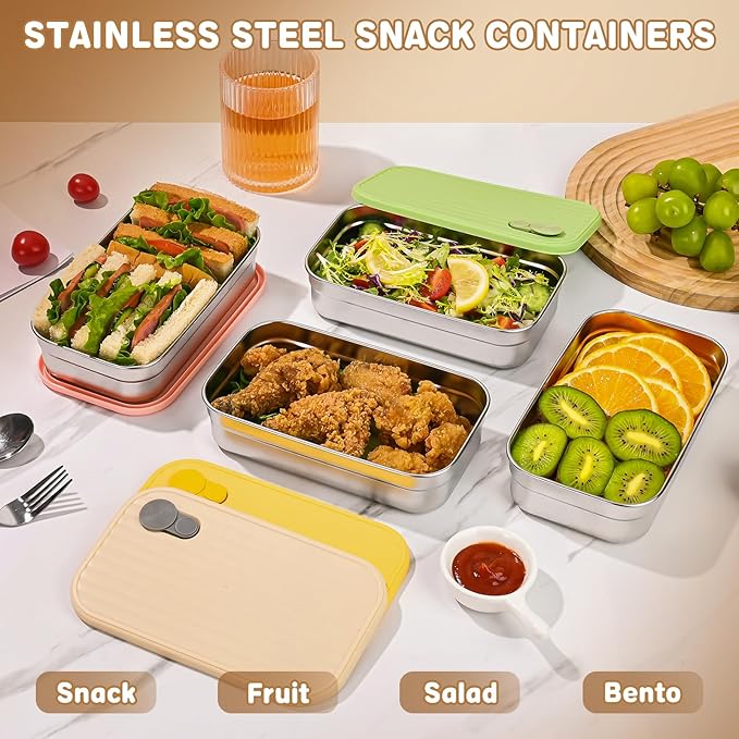 4 Pack Stainless Steel Snack Containers, 22oz Reusable Food Storage Containers with Lids, Metal Meal Prep Lunch Box, Dishwasher Safe, Snack Box Container for Trave & Outdoor Camping (White, Green)