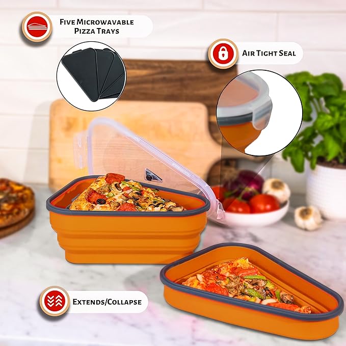 PIZZA PACK The Perfect Reusable Pizza Storage Container with 5 Microwavable Serving Trays - BPA-Free Adjustable Pizza Slice Container to Organize & Save Space, Orange 2 pk