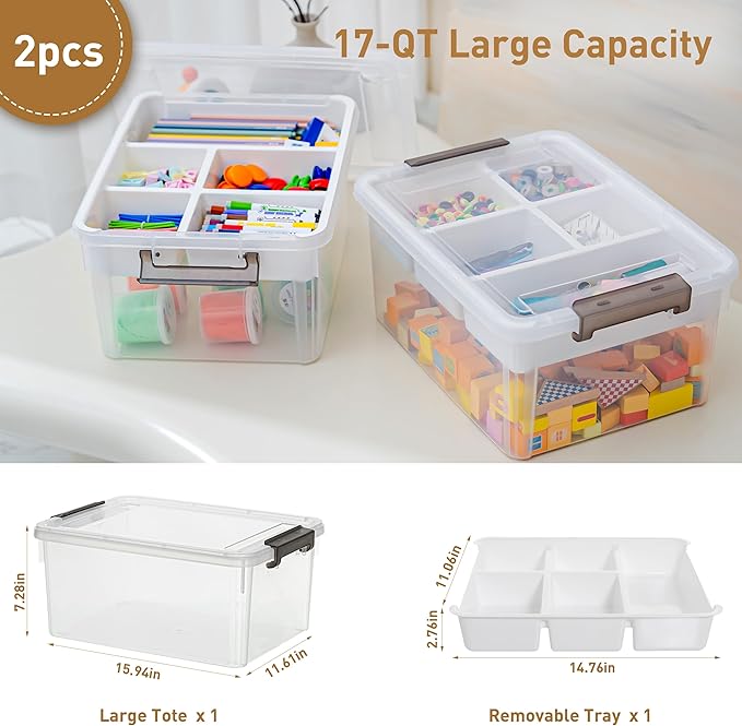 Citylife 17 QT Plastic Storage Box with Removable Tray Craft Organizers and Storage Clear Storage Container for Organizing Bead, Tool, Sewing, Playdoh, 2 Packs