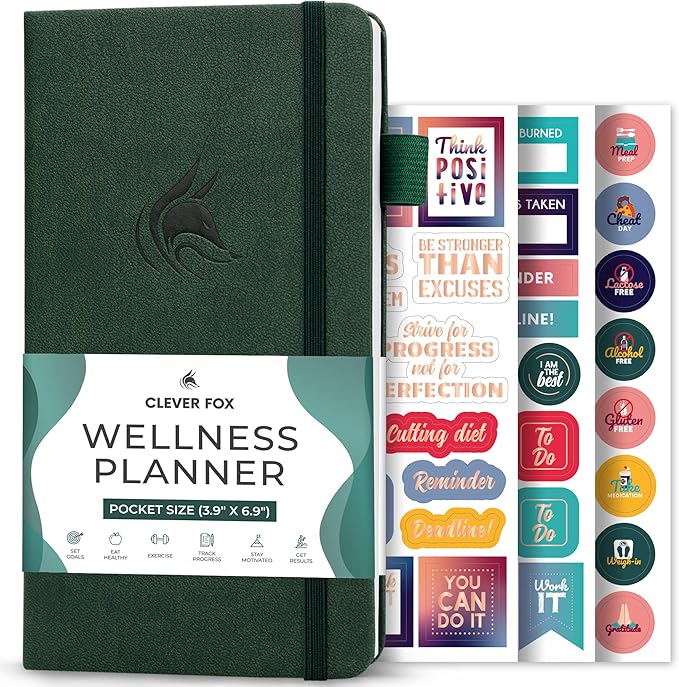 Clever Fox Wellness Planner - Weekly & Daily Health and Wellness Log, Food Journal & Meal Planner Diary for Calorie Counting, Notebook for Medical Condition Tracking – Pocket size (Forest Green)