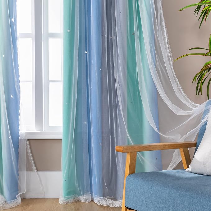 XiDi Curtains for Bedroom Decor, Rainbow BluGrenGrey-52-45 - Image 3