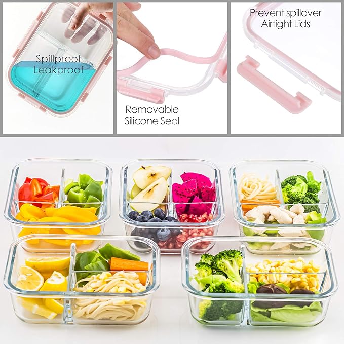C CREST 5-Pack,3 Compartment Glass Meal Prep Containers Set,34oz, Divided Glass Food Storage Containers with Lids, Glass Lunch Box with Dividers