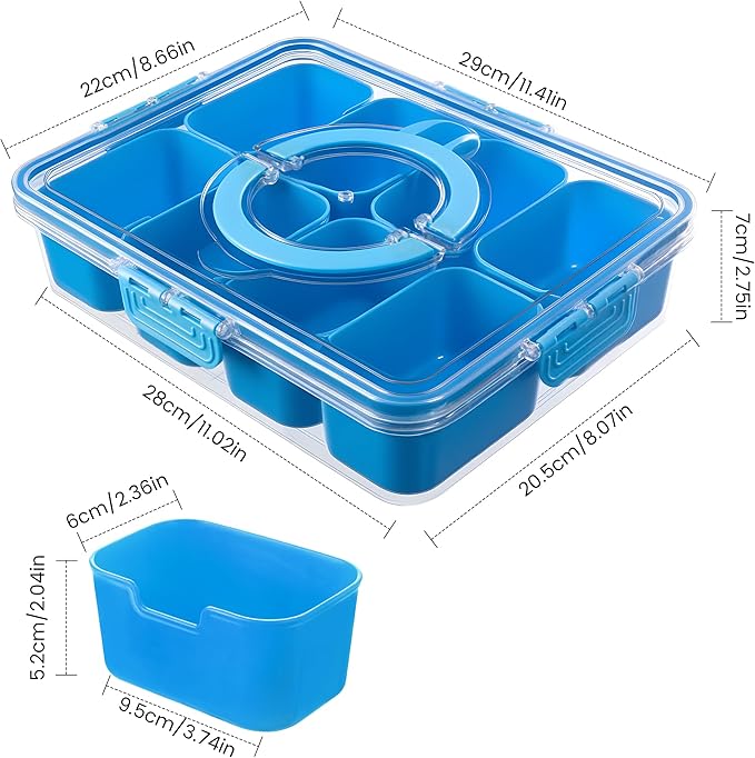 Divided Serving Tray with Lid and Handle - Snackle Box Charcuterie Container for Portable Snack Platters Organizer for Candy, Fruits, Nuts, Snacks - Perfect for Party, Entertaining, Cerulean