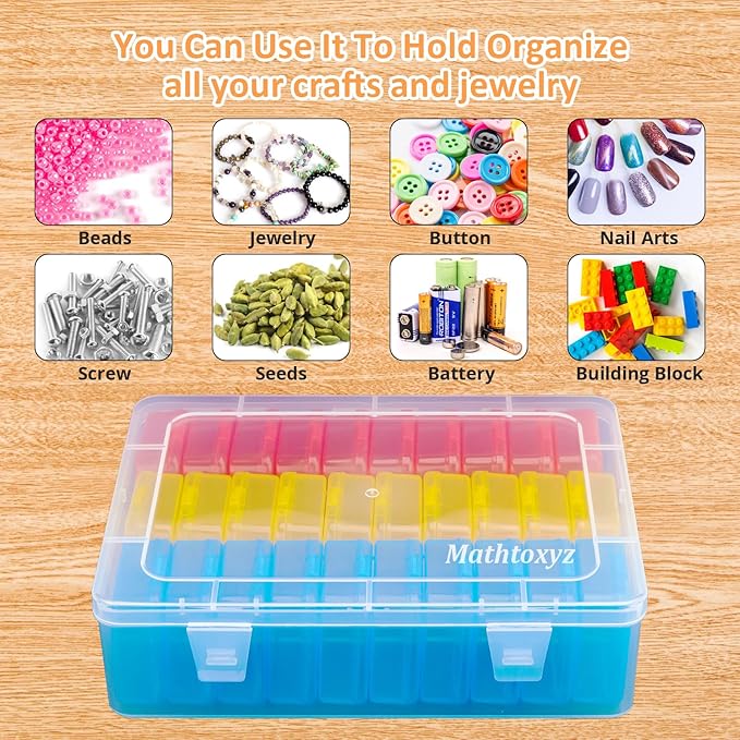 Mathtoxyz Bead Organizer Box(Red,Yellow,Blue), 62Pcs Small Bead Organizers and Storage Plastic Cases Mini Clear Containers Boxes with Hinged Lid and Rectangle for Bracelet Making DIY Jewelry Craft