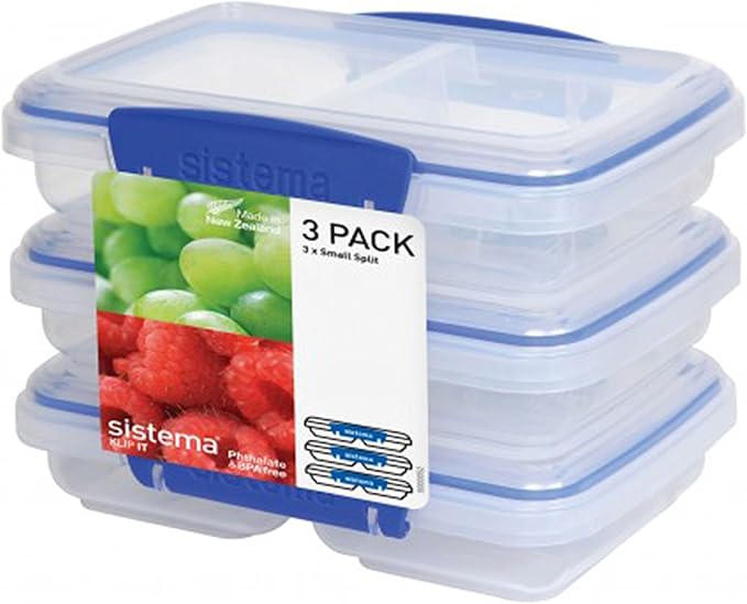 Sistema 3-Piece Food Storage Containers with 2 Compartments and Lids for Meal Prep, Dishwasher Safe, 11.8oz, Clear/Blue