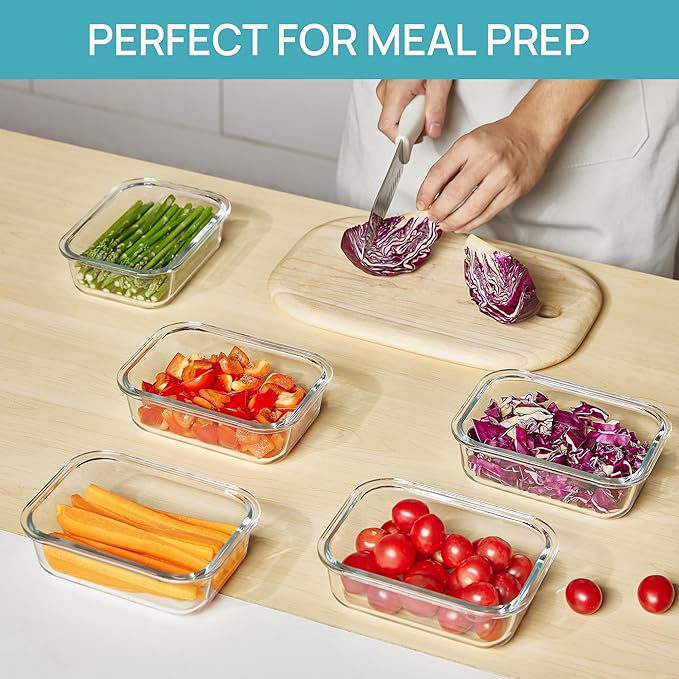 Vtopmart 5Pack 22oz Glass Storage Containers with Lids, Glass Meal Prep Food Container Sets with Snap Airtight Lids for Microwave, Oven, Freezer and Dishwasher, Grey