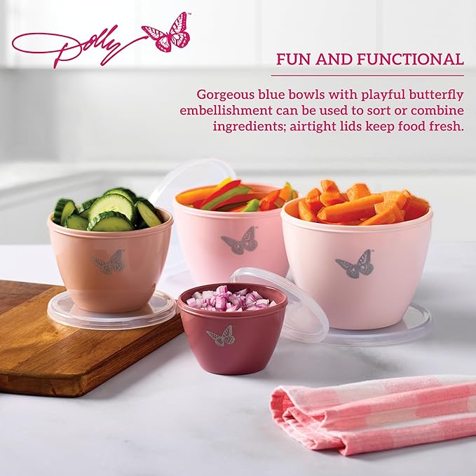 Dolly Parton Prep Bowl Set with Lids – 4-Piece Blush Butterfly Design, Airtight Storage, Mixing and Serving Bowls, Dishwasher Safe, 1–4 Cup Sizes