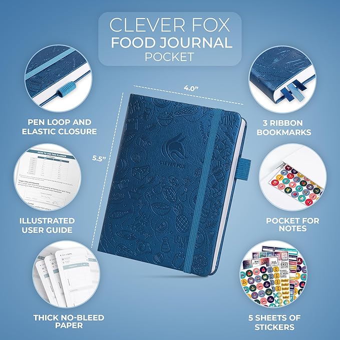 Clever Fox Food Journal Pocket - Daily Food Diary, Meal Planner to Track Calories & Nutrients, Weight Loss Tracker Notebook, 4x5.5” (Mystic Blue)