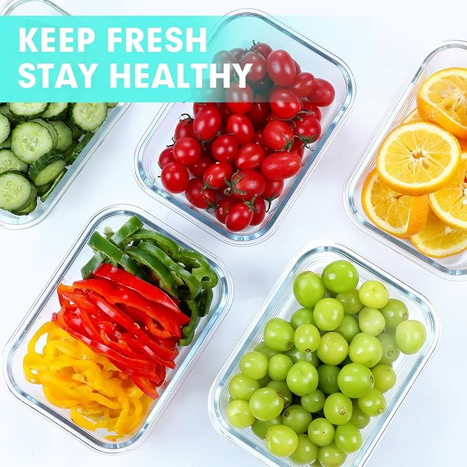 VERONES 5 Pack 36 OZ Glass Meal Prep Containers, Airtight Glass Lunch Containers Set, Glass Food Storage Containers with Lids,Exclusive of BPA, for Microwave, Oven, Freezer & Dishwasher Friendly,Green