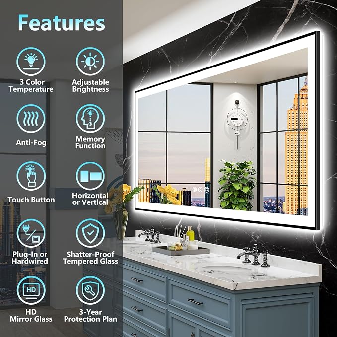 88x38 Black Framed LED Bathroom Mirror - Image 2