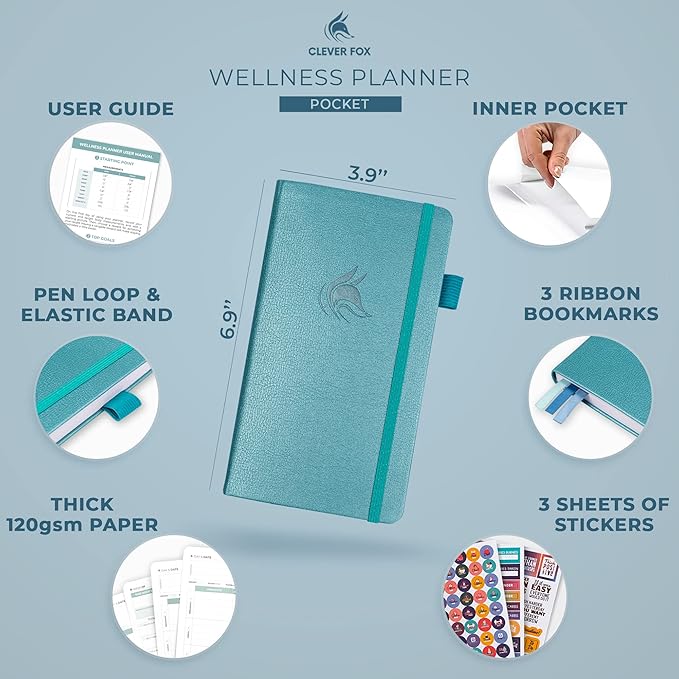 Clever Fox Wellness Planner - Weekly & Daily Health and Wellness Log, Food Journal & Meal Planner Diary for Calorie Counting, Notebook for Medical Condition Tracking – Pocket size (Aquamarine)