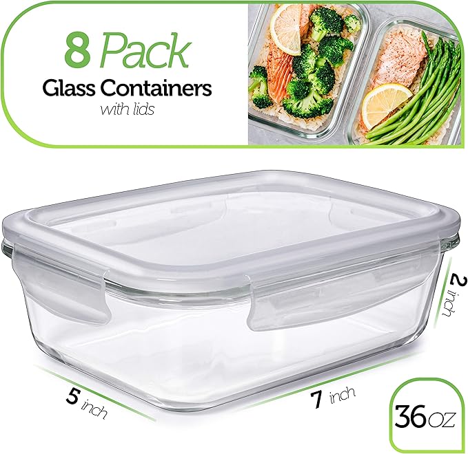 PrepNaturals 8 Pack 36 Oz Glass Meal Prep Containers - Dishwasher Microwave Freezer Oven Safe - Glass Storage Containers with Lids (Multi-Compartment)