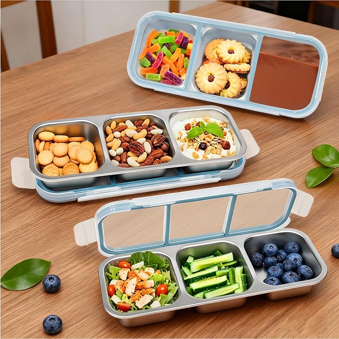 Stainless Steel Snack Containers, 3 Compartment Snackle Box Leakproof, Metal Bento Box with Airtight Lids, Reusable Food Storage Container for Lunch Travel Picnics Office