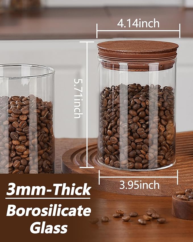 27oz Coffee Canister with Scoop and Wooden Lids, Airtight Coffee Grounds Container Set of 2 for Coffee Bar Organizer, Glass Jar for Coffee Beans Storage