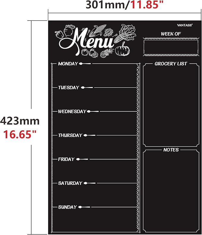 Magnetic Refrigerator Chalkboard,Weekly Menu, Meal Planner, Grocery Shopping List, Dry Erase Board, for Kitchen Fridge with 8 Color Magnetic Markers (16inchx12inch)