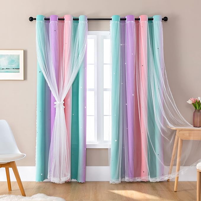 XiDi Pink Green Curtains 108 Inches Long, Unicorn Wall Decals - Image 2